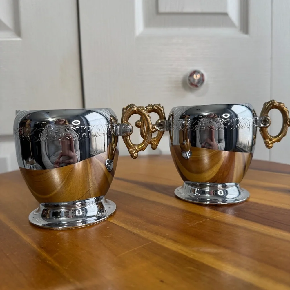 Vintage‎ chrome gold tone handle sugar and cream set